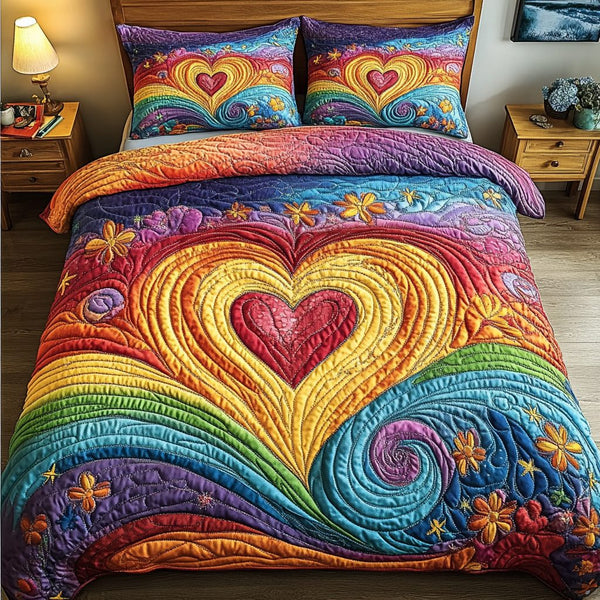 Eternal Bliss quilted 3-piece bedding set on a made bed with two matching pillow shams