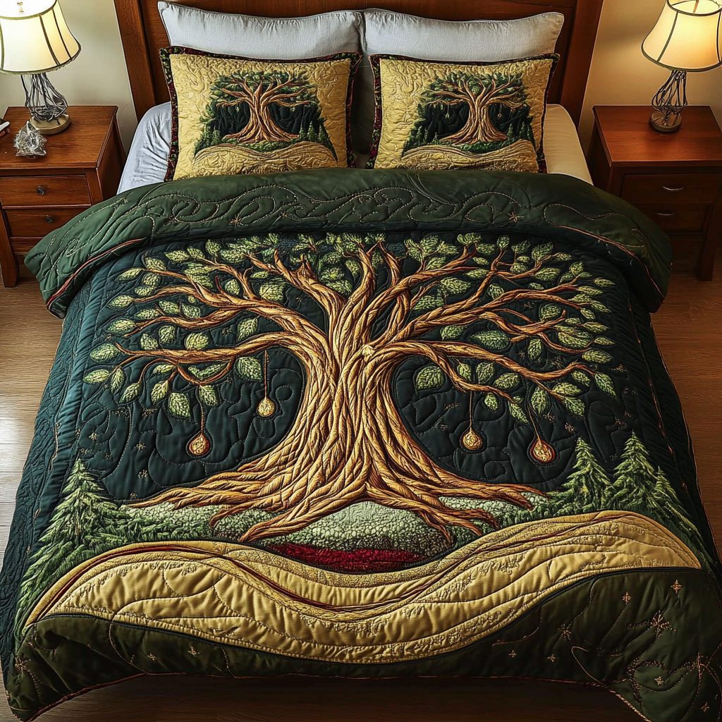 Eternal Bloom quilted 3-piece bedding set on a made bed with two matching pillow shams