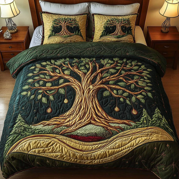 Eternal Bloom quilted 3-piece bedding set on a made bed with two matching pillow shams