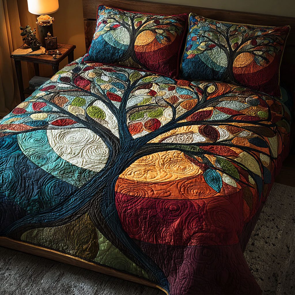 Eternal Branch quilted 3-piece bedding set on a made bed in a rustic timber bedroom