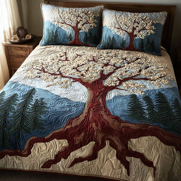 Eternal Branch quilted 3-piece bedding set on a made bed in a rustic timber bedroom
