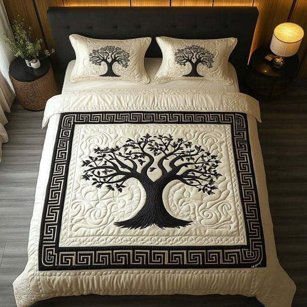 Eternal Branches quilted 3-piece bedding set on a made bed in a rustic timber bedroom