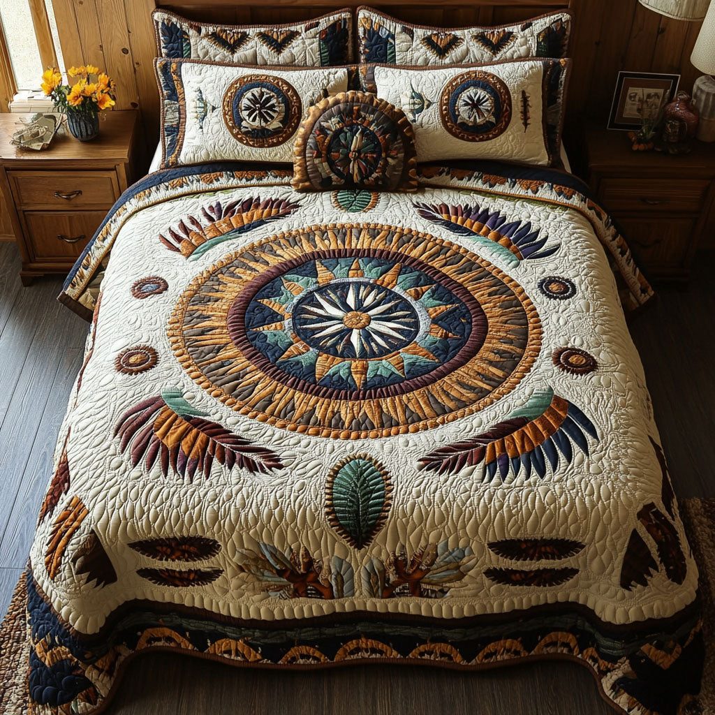 Eternal Circle quilted 3-piece bedding set on a made bed with two matching pillow shams