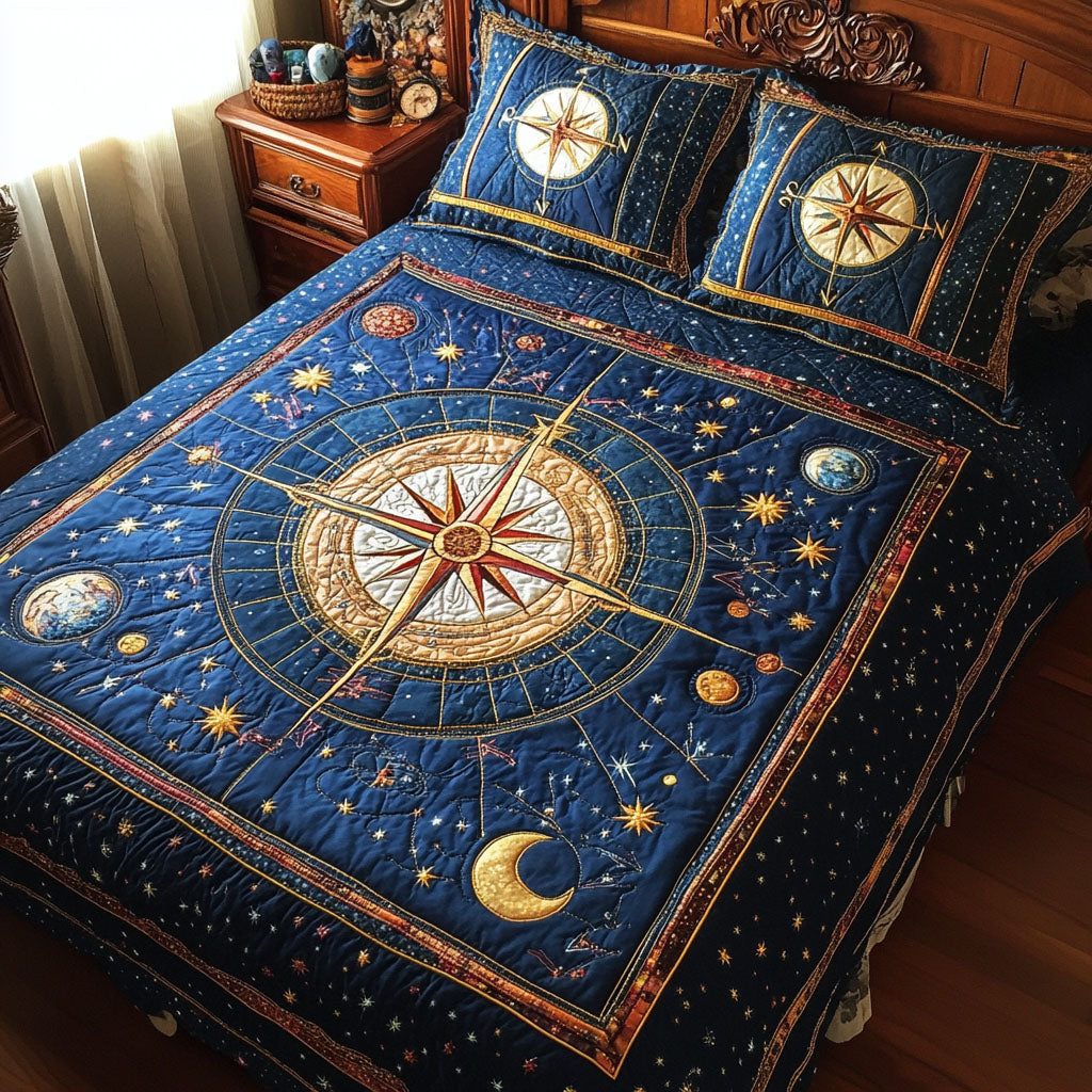 Eternal Compass quilted 3-piece bedding set on a made bed with two matching pillow shams