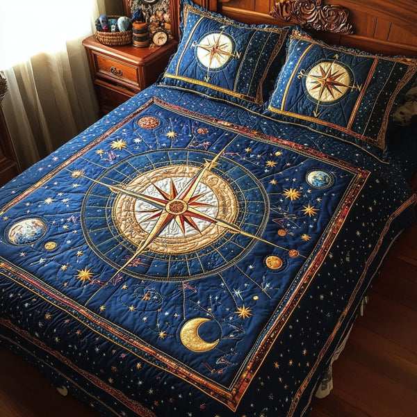 Eternal Compass quilted 3-piece bedding set on a made bed with two matching pillow shams