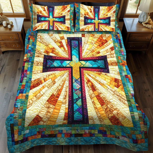 Eternal Cross quilted 3-piece bedding set on a made bed in a softly lit bedroom