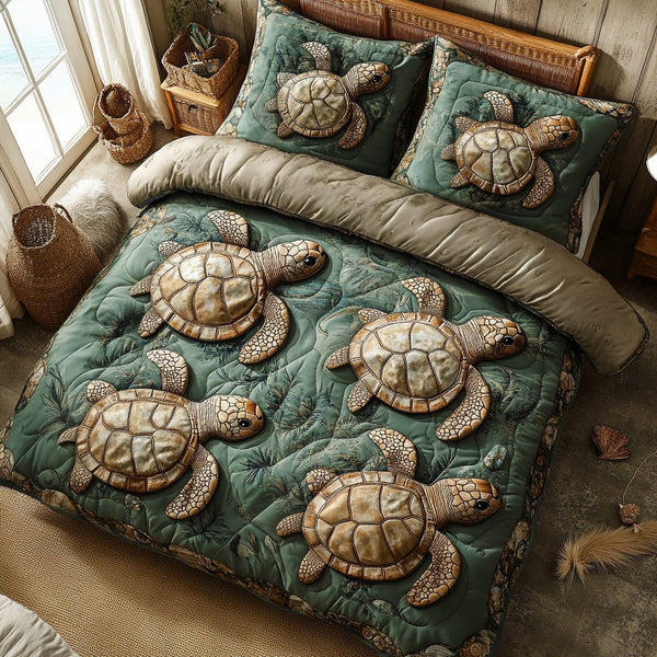 Eternal Currents quilted 3-piece bedding set on a made bed with two matching pillow shams