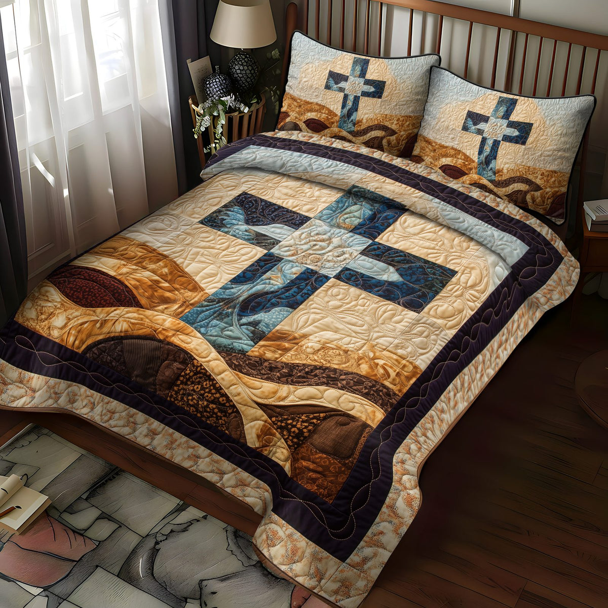 Eternal Faith quilted 3-piece bedding set on a made bed in a softly lit bedroom