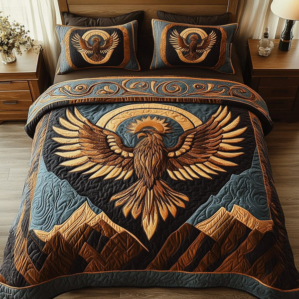 Eternal Flame quilted 3-piece bedding set on a made bed with two matching pillow shams