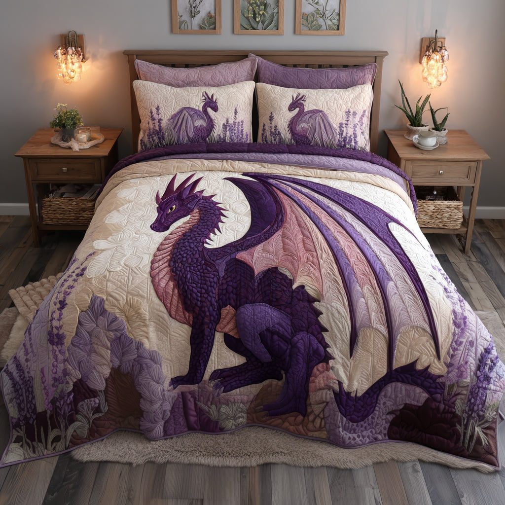 Eternal Flame Wyrm quilted 3-piece bedding set on a made bed with two matching pillow shams