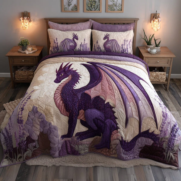 Eternal Flame Wyrm quilted 3-piece bedding set on a made bed with two matching pillow shams