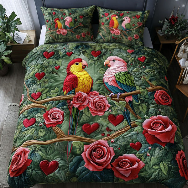 Eternal Flock quilted 3-piece bedding set on a made bed with two matching pillow shams