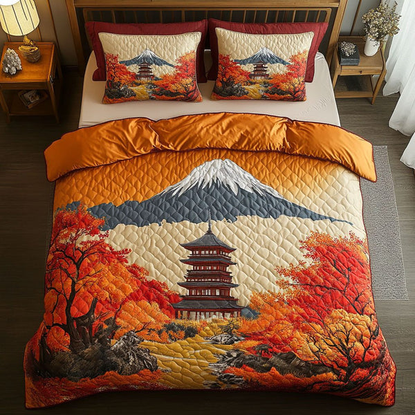 Eternal Fuji View quilted 3-piece bedding set on a made bed with two matching pillow shams