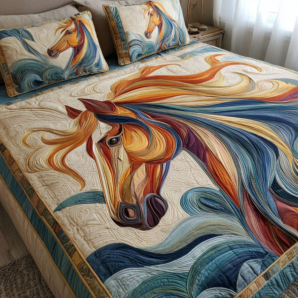 Eternal Gallop quilted 3-piece bedding set on a made bed with two matching pillow shams
