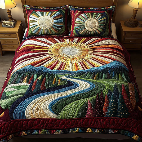 Eternal Glow quilted 3-piece bedding set on a made bed with two matching pillow shams
