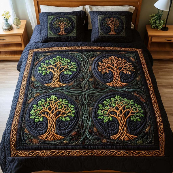 Eternal Growth quilted 3-piece bedding set on a made bed with two matching pillow shams