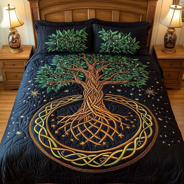 Eternal Growth quilted 3-piece bedding set on a made bed with two matching pillow shams