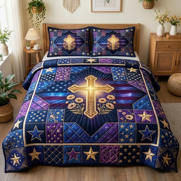 Eternal Honor quilted 3-piece bedding set on a made bed in a warmly lit bedroom