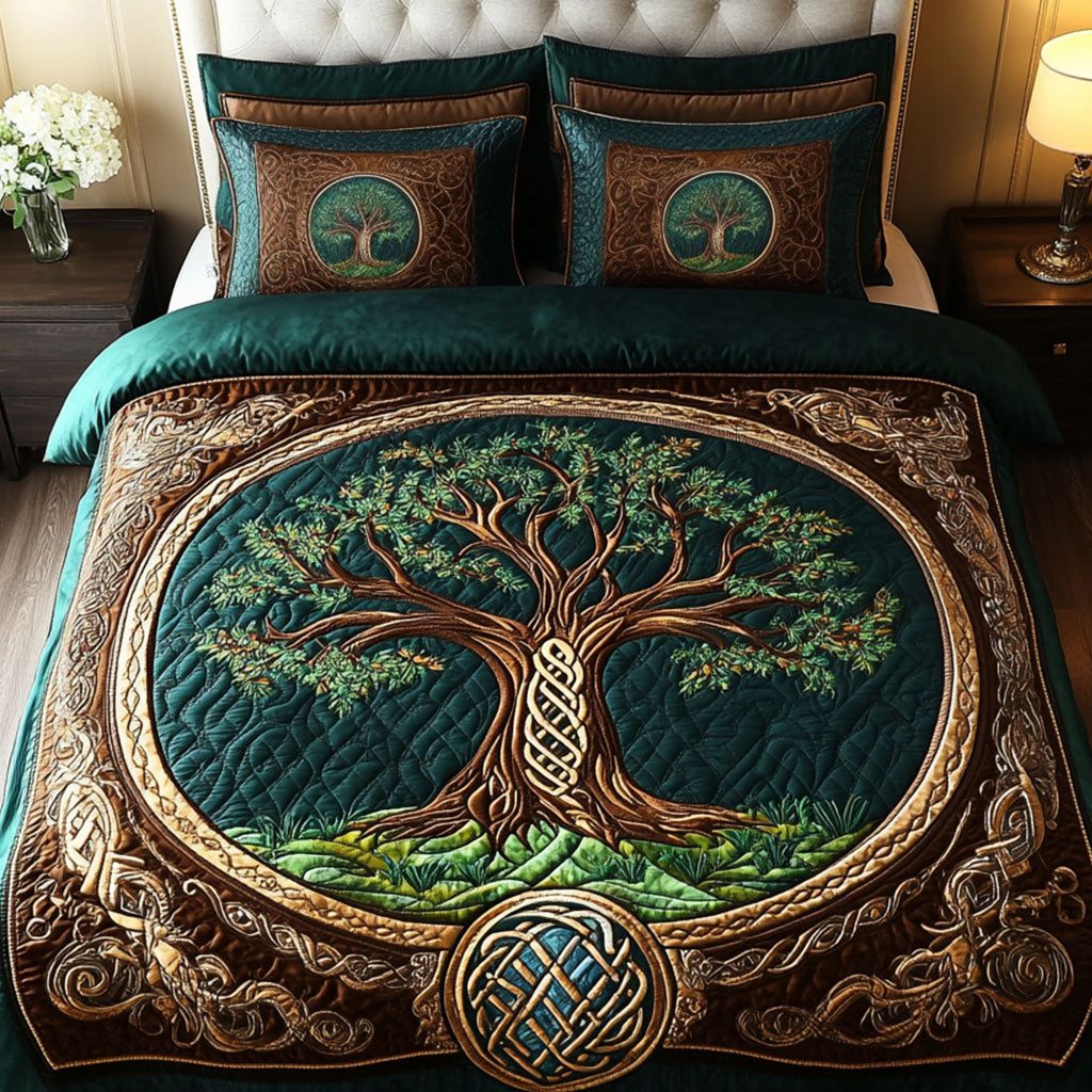 Eternal Knots quilted 3-piece bedding set on a made bed with two matching pillow shams