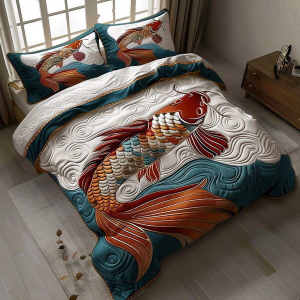 Eternal Koi quilted 3-piece bedding set on a made bed with two matching pillow shams