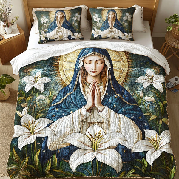Eternal Light Path quilted 3-piece bedding set on a made bed with two matching pillow shams