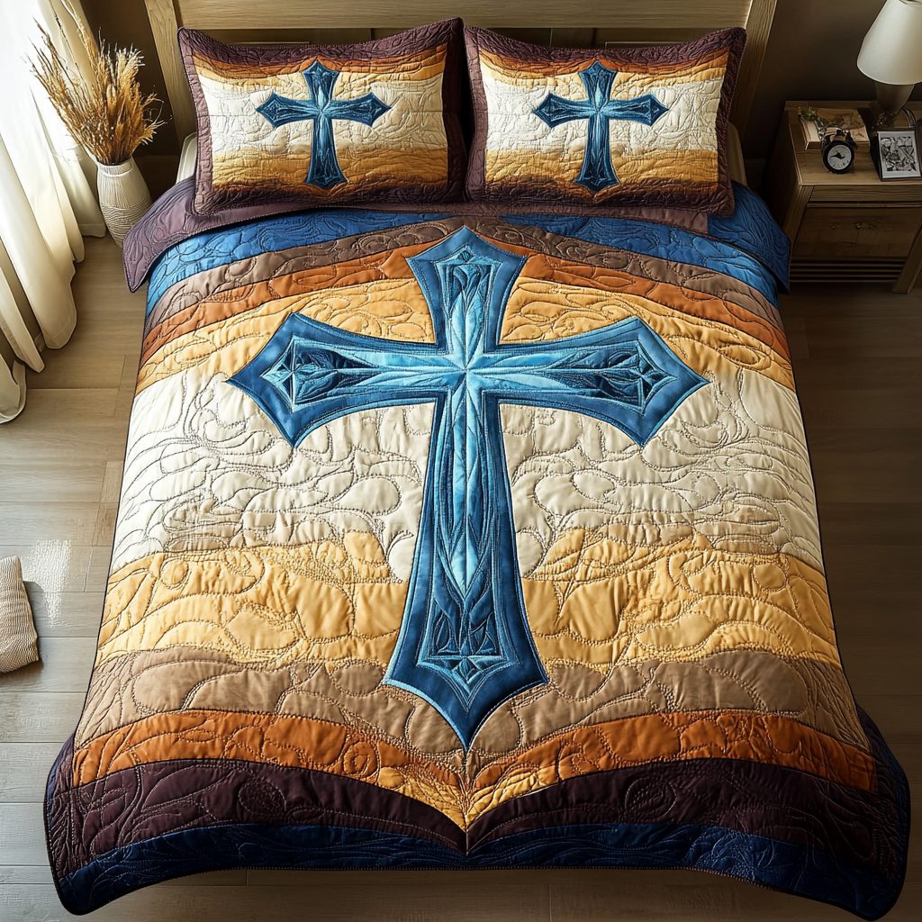 Eternal Light quilted 3-piece bedding set on a made bed with two matching pillow shams