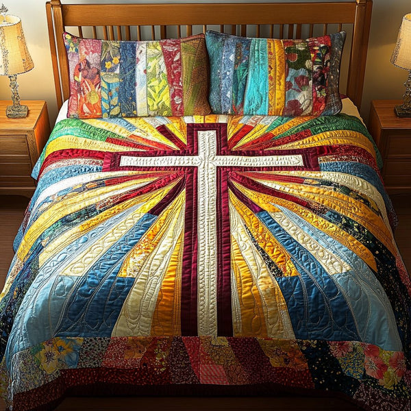 Eternal Light quilted 3-piece bedding set on a made bed with two matching pillow shams