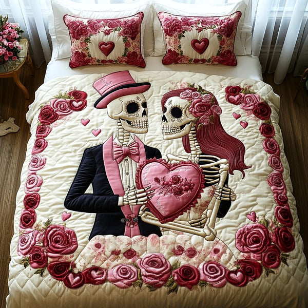 Eternal Love quilted 3-piece bedding set on a made bed with two matching pillow shams