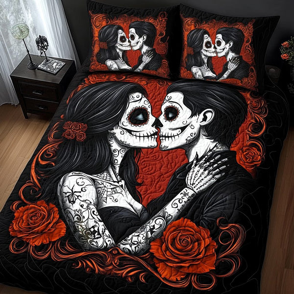 Eternal Love quilted 3-piece bedding set on a made bed with two matching pillow shams