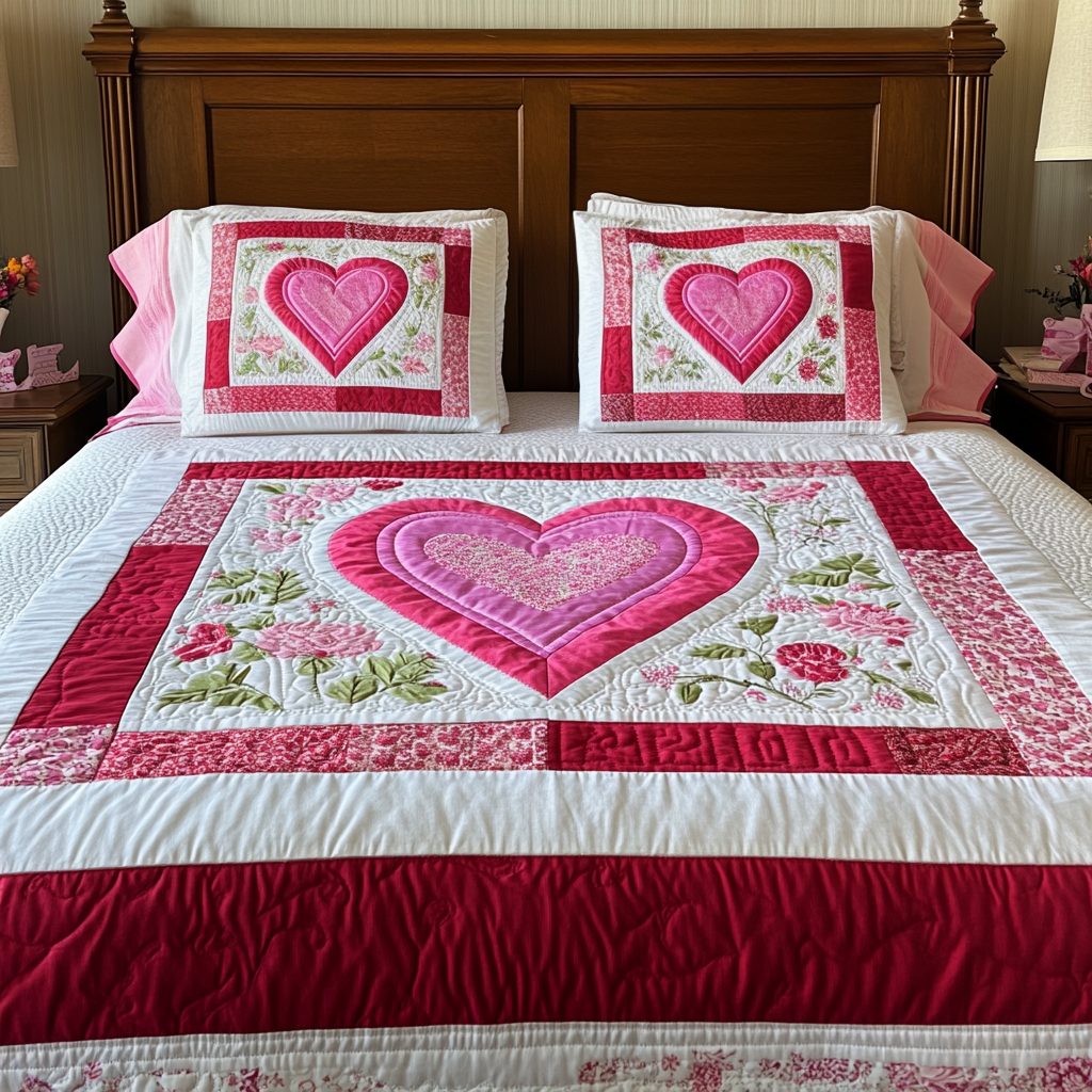 Eternal Love quilted 3-piece bedding set on a made bed with two matching pillow shams