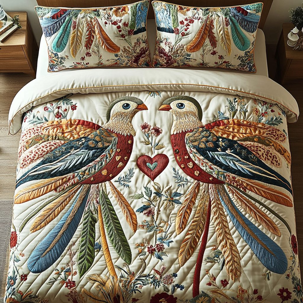 Eternal Love quilted 3-piece bedding set on a made bed with two matching pillow shams