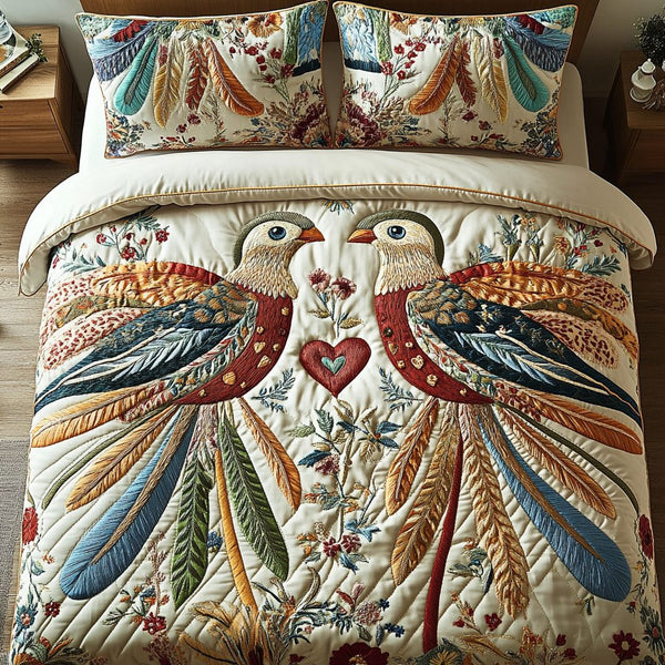 Eternal Love quilted 3-piece bedding set on a made bed with two matching pillow shams