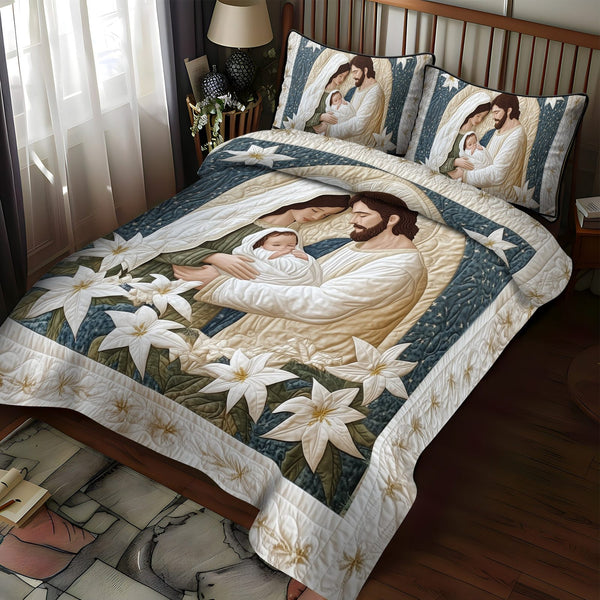 Eternal Love quilted 3-piece bedding set on a made bed with two matching pillow shams