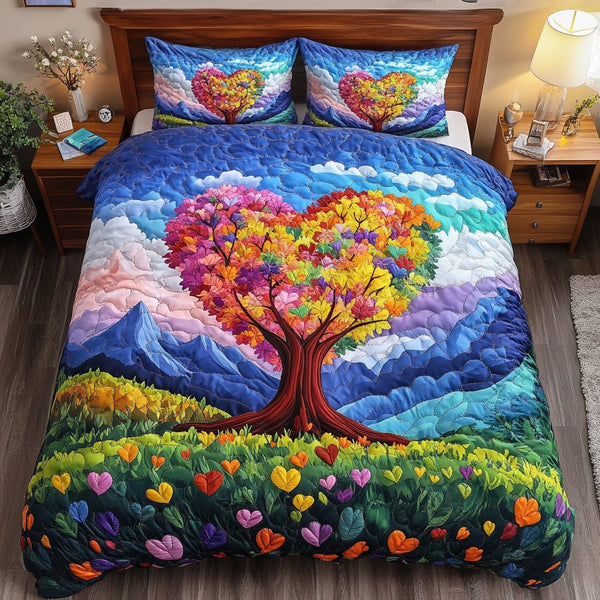 Eternal Love Tree quilted 3-piece bedding set on a made bed with two matching pillow shams