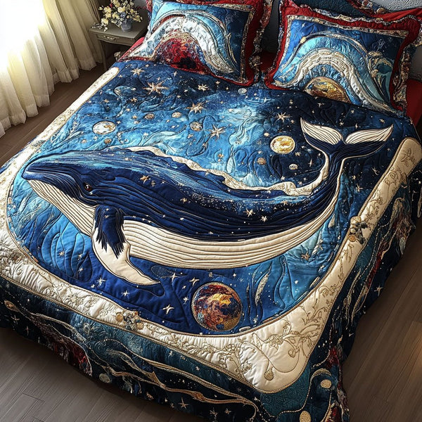 Eternal Ocean Voyage quilted 3-piece bedding set on a made bed in a light coastal bedroom