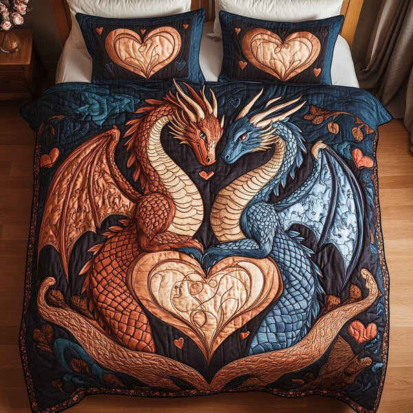 Eternal Pair quilted 3-piece bedding set on a made bed with two matching pillow shams