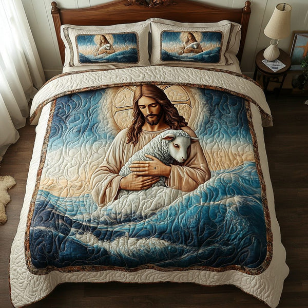 Eternal Peace quilted 3-piece bedding set on a made bed with two matching pillow shams