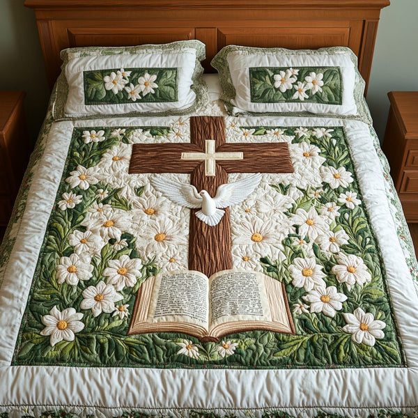 Eternal Peace quilted 3-piece bedding set on a made bed with two matching pillow shams