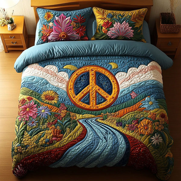 Eternal Peace Valley quilted 3-piece bedding set on a made bed with two matching pillow shams