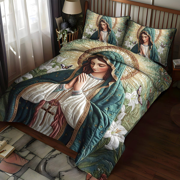 Eternal Purity quilted 3-piece bedding set on a made bed with two matching pillow shams