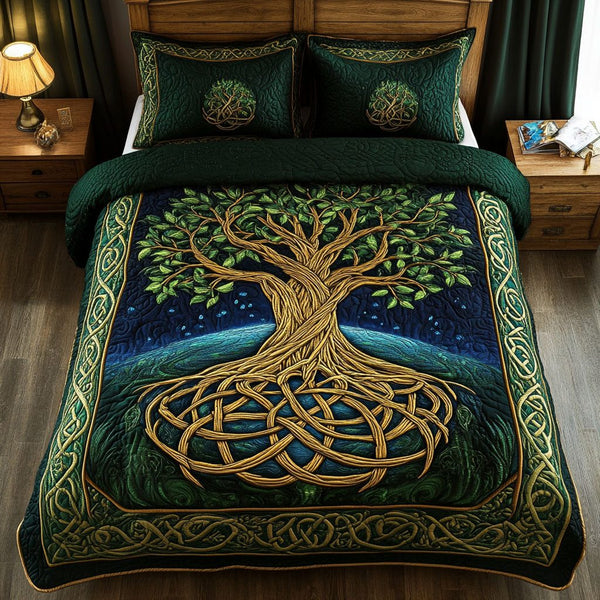 Eternal Roots Elegance quilted 3-piece bedding set on a made bed with two matching pillow shams