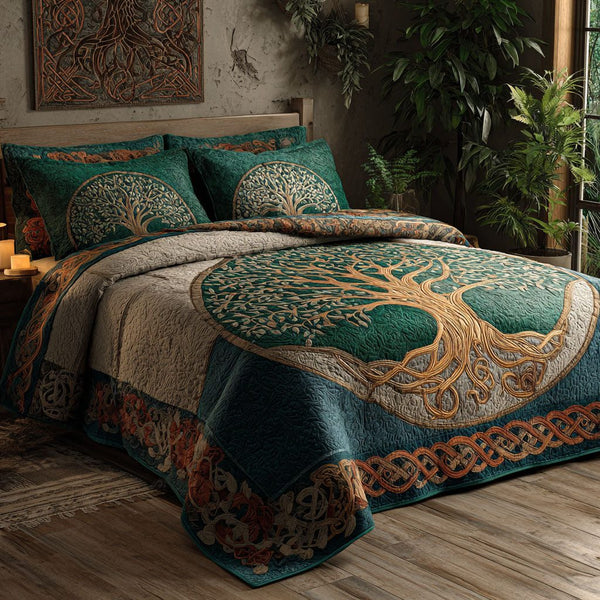 Eternal Roots quilted 3-piece bedding set on a made bed with two matching pillow shams