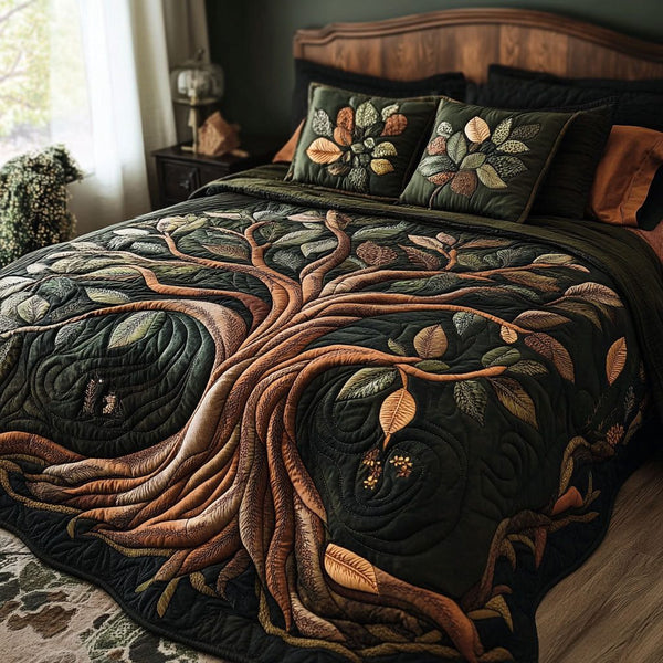 Eternal Roots quilted 3-piece bedding set on a made bed with two matching pillow shams