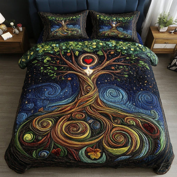 Eternal Roots quilted 3-piece bedding set on a made bed with two matching pillow shams
