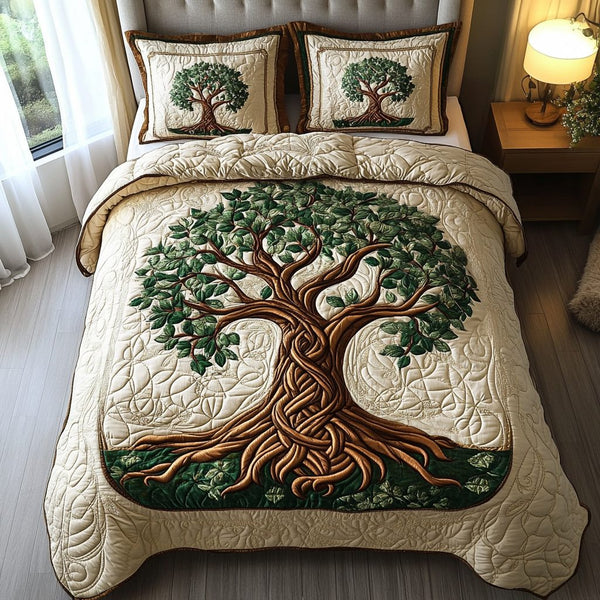 Eternal Roots quilted 3-piece bedding set on a made bed with two matching pillow shams