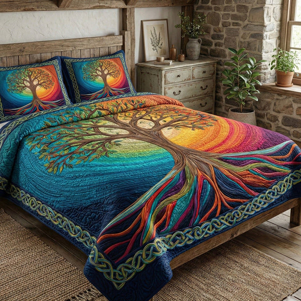 Eternal Roots quilted 3-piece bedding set on a made bed with two matching pillow shams