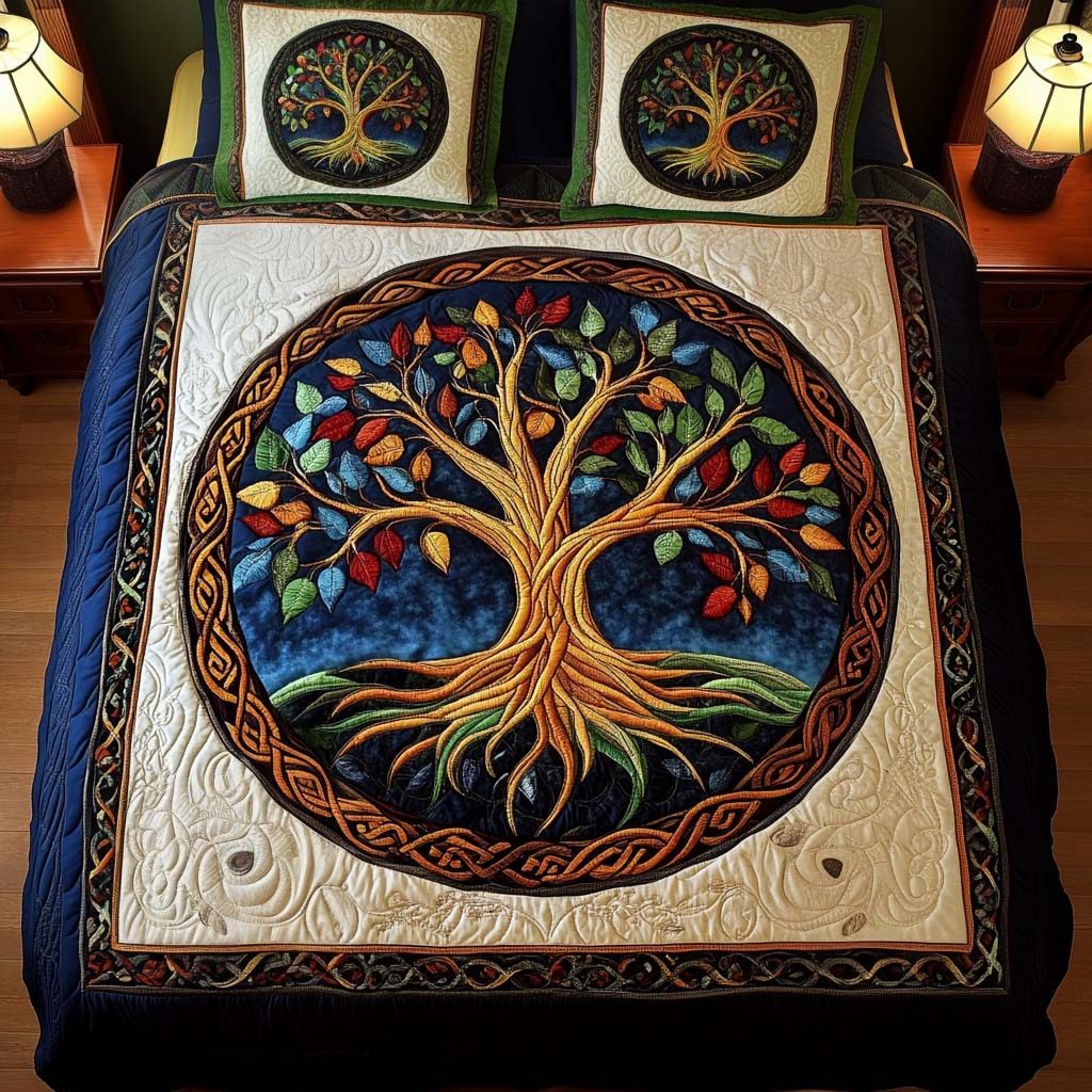 Eternal Roots quilted 3-piece bedding set on a made bed with two matching pillow shams