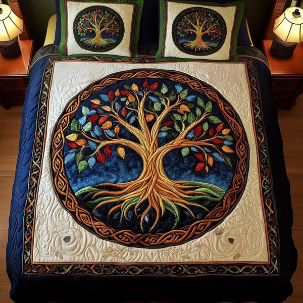 Eternal Roots quilted 3-piece bedding set on a made bed with two matching pillow shams