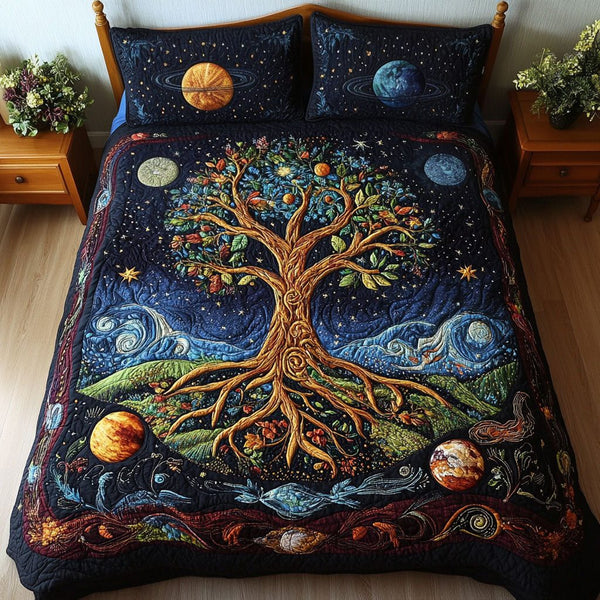 Eternal Roots quilted 3-piece bedding set on a made bed with two matching pillow shams