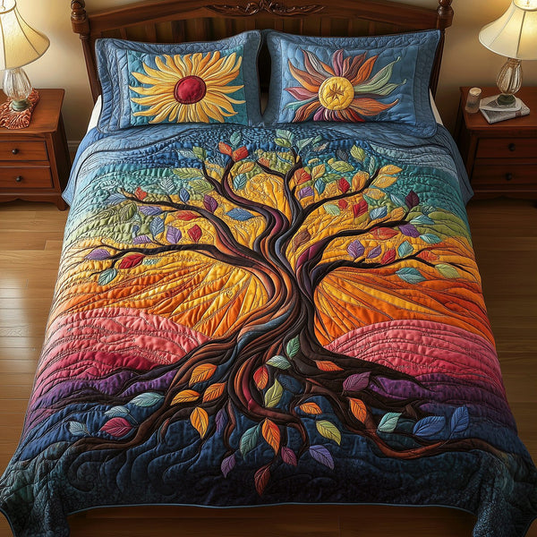 Eternal Roots quilted 3-piece bedding set on a made bed with two matching pillow shams